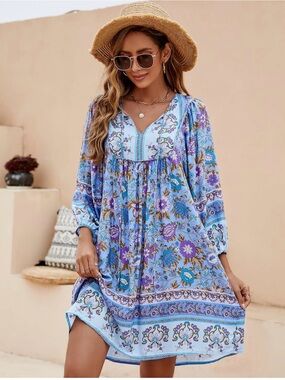 Bohemian Floral Tie Neck Swing Dress